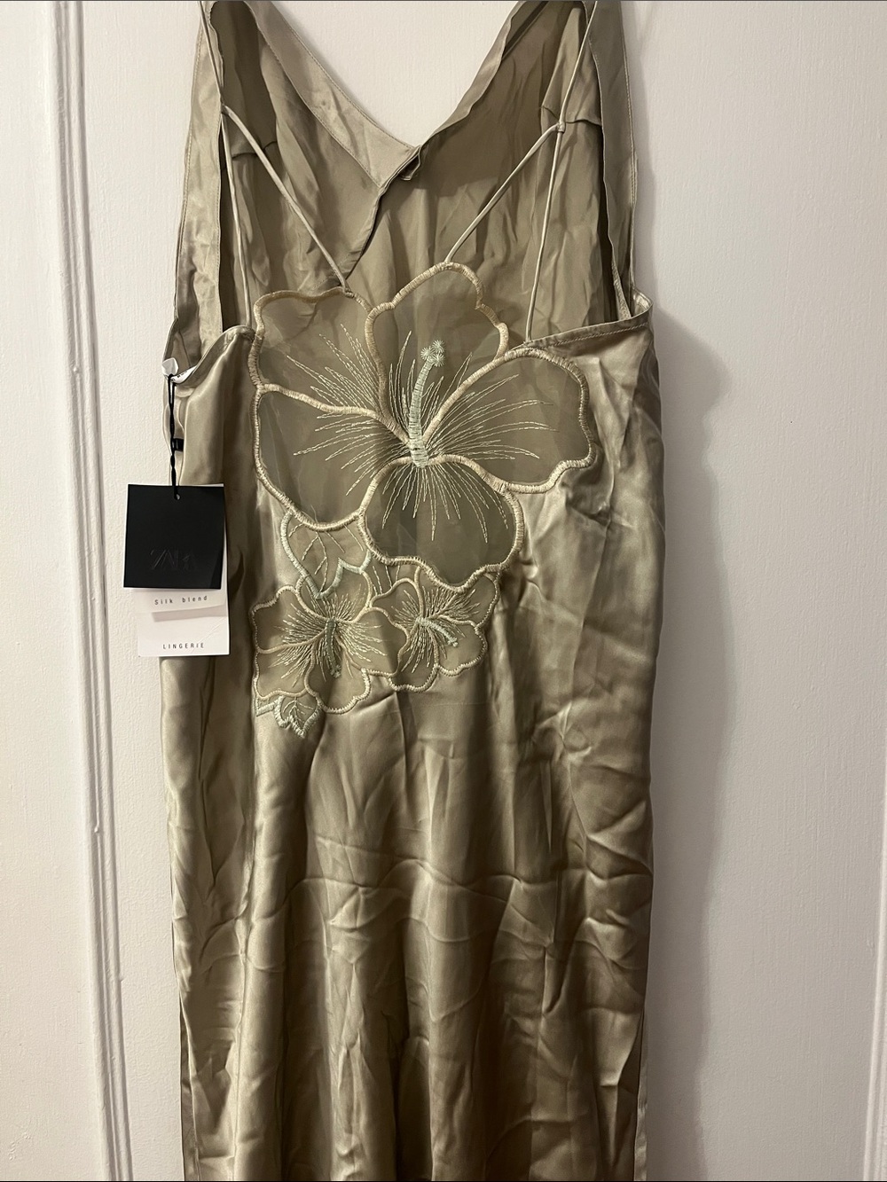 Zara Satin Olive-Green Slip with Floral Embroidery